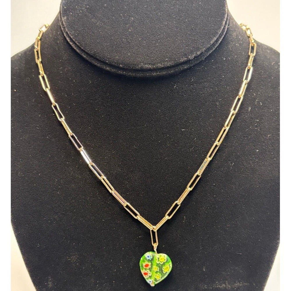 Necklace Gold Tone with Green Floral Art Glass Heart Pendant